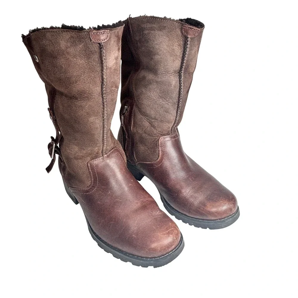 UGG Bellevue Sheepskin Foldover Boots Brown Leather Suede Shearling Buckle Sz‎ 8
